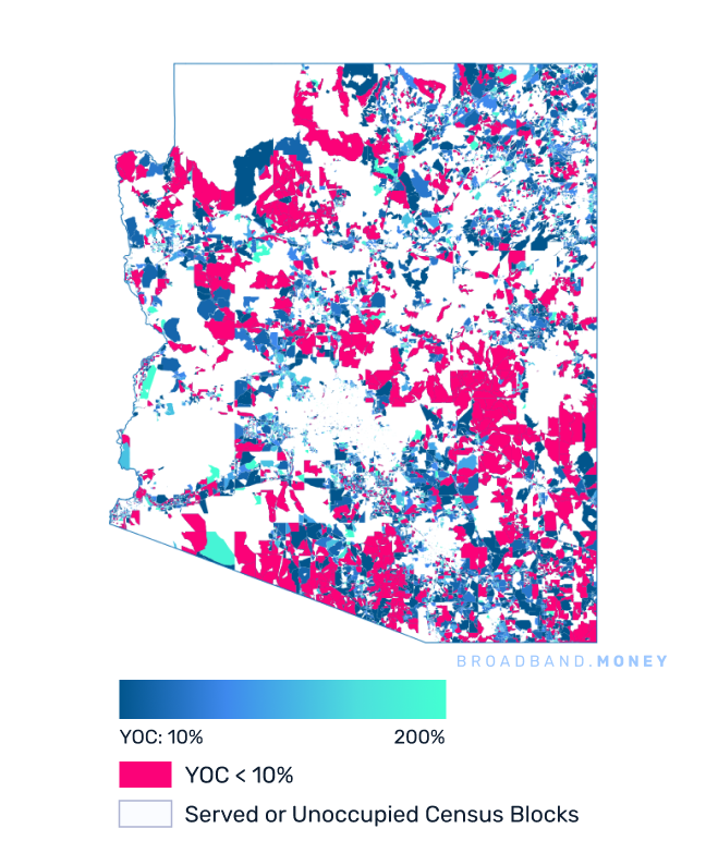 Arizona broadband investment map yield on cost with 75% Grant Coverage