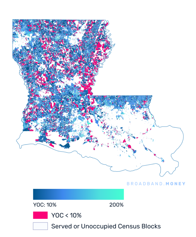 Louisiana broadband investment map yield on cost with 75% Grant Coverage