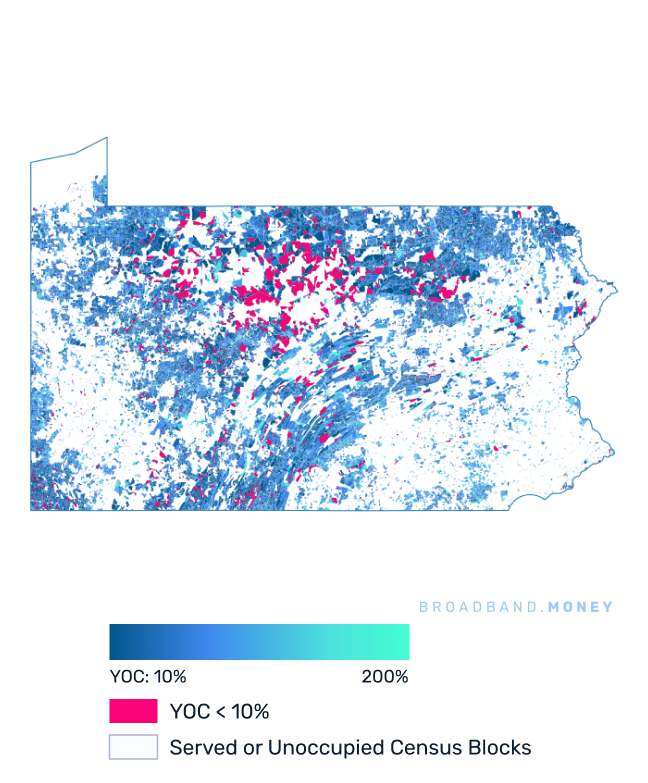 Pennsylvania broadband investment map yield on cost with 75% Grant Coverage