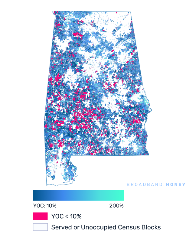 Alabama broadband investment map yield on cost with 75% Grant Coverage