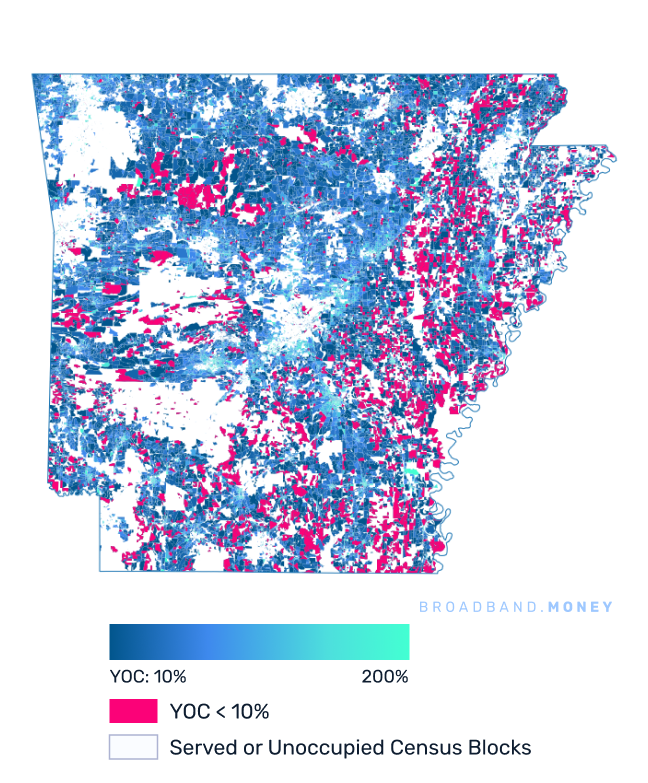 Arkansas broadband investment map yield on cost with 75% Grant Coverage