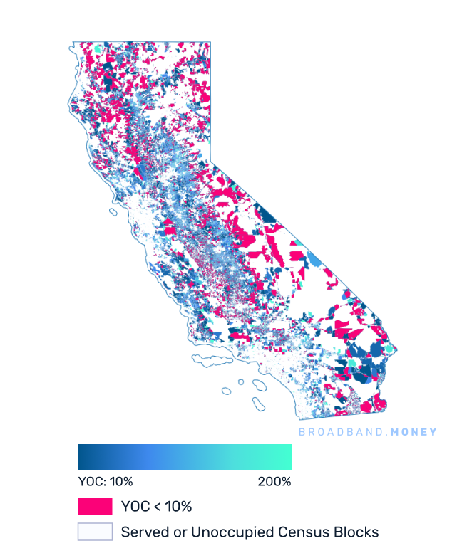 California broadband investment map yield on cost with 75% Grant Coverage