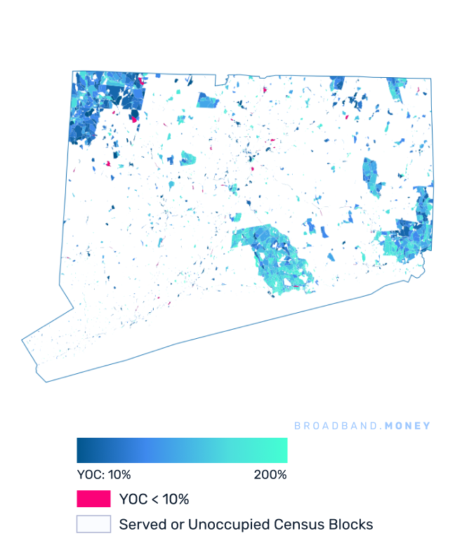 Connecticut broadband investment map yield on cost with 75% Grant Coverage