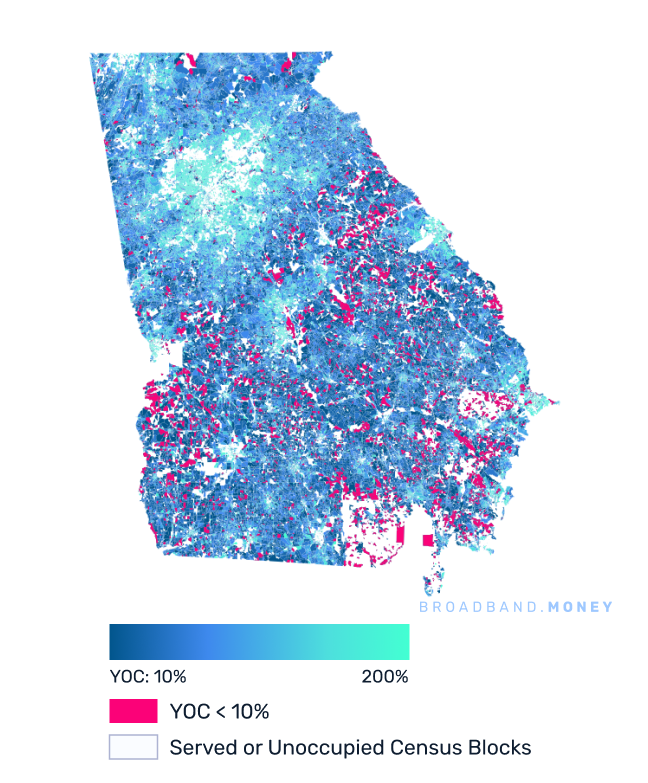 Georgia broadband investment map yield on cost with 75% Grant Coverage