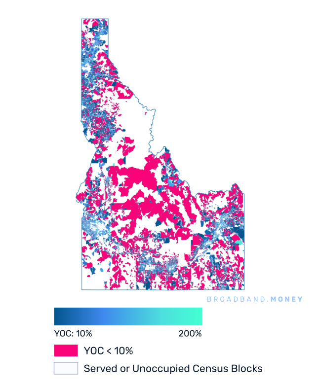 Idaho broadband investment map yield on cost with 75% Grant Coverage