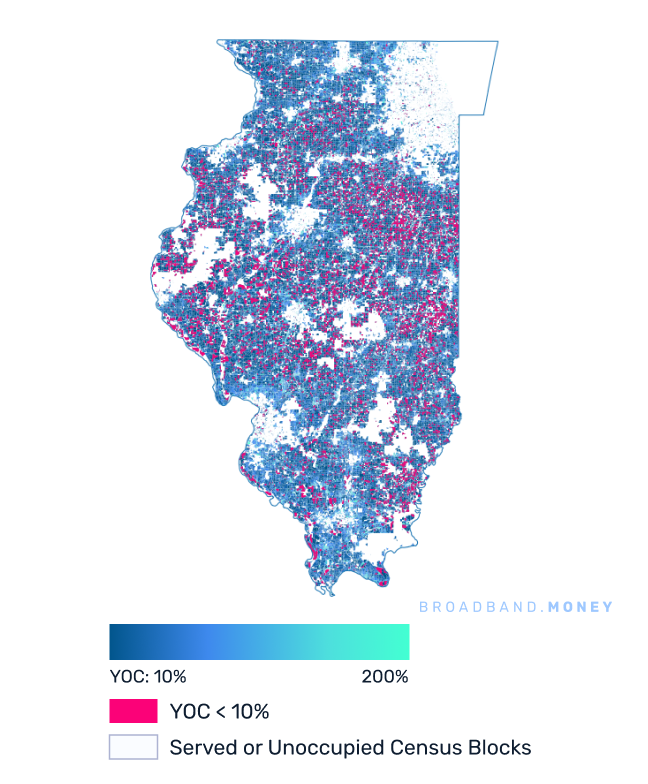 Illinois broadband investment map yield on cost with 75% Grant Coverage