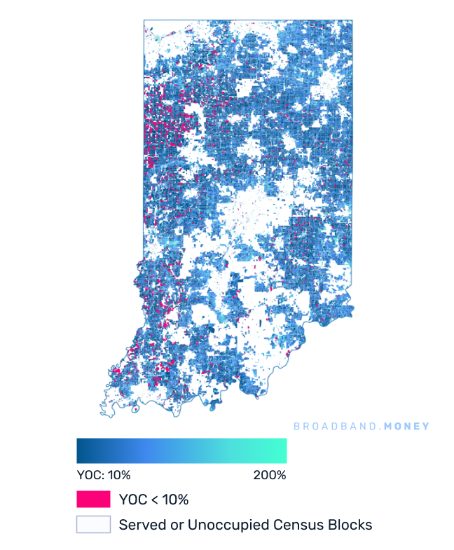 Indiana broadband investment map yield on cost with 75% Grant Coverage