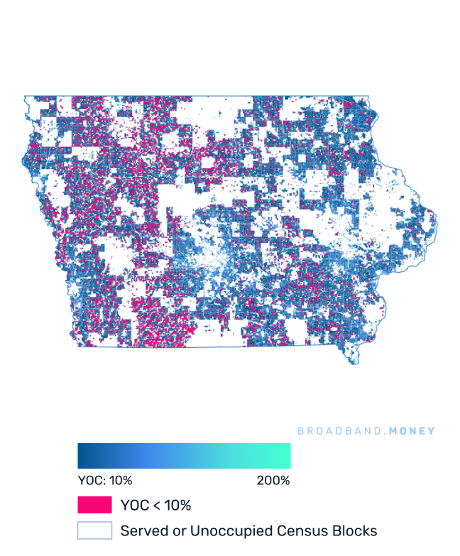 Iowa broadband investment map yield on cost with 75% Grant Coverage