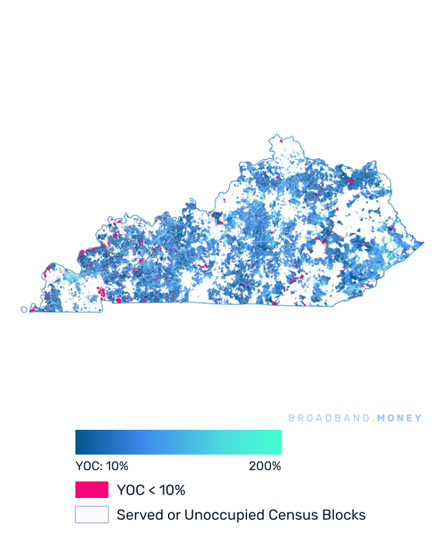 Kentucky broadband investment map yield on cost with 75% Grant Coverage