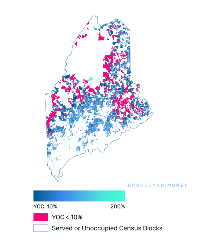 Maine broadband investment map yield on cost with 75% Grant Coverage