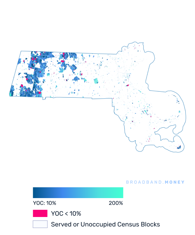 Massachusetts broadband investment map yield on cost with 75% Grant Coverage