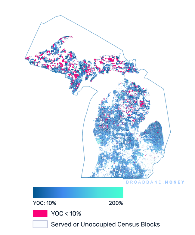 Michigan broadband investment map yield on cost with 75% Grant Coverage