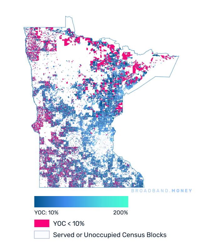 Minnesota broadband investment map yield on cost with 75% Grant Coverage