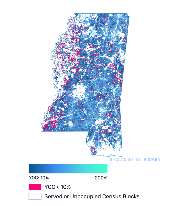Mississippi broadband investment map yield on cost with 75% Grant Coverage