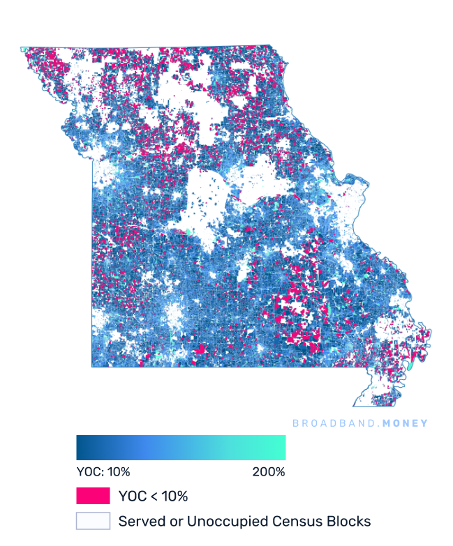 Missouri broadband investment map yield on cost with 75% Grant Coverage