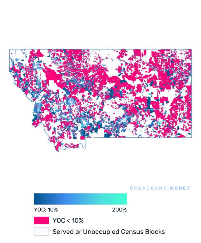 Montana broadband investment map yield on cost with 75% Grant Coverage