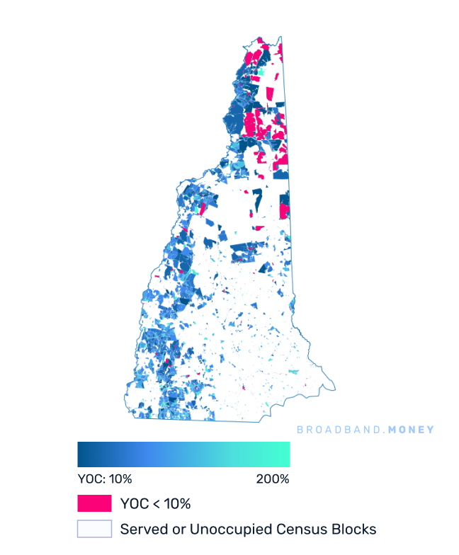 New Hampshire broadband investment map yield on cost with 75% Grant Coverage