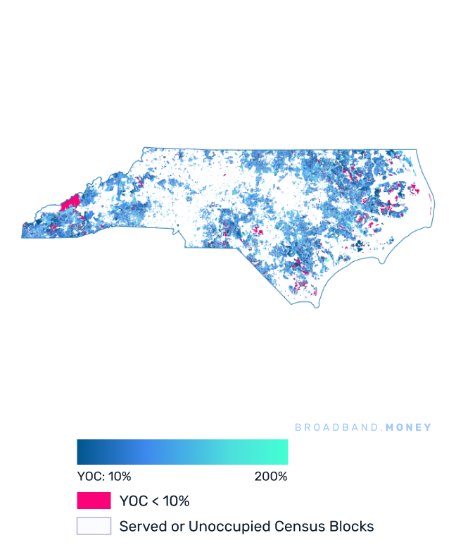 North Carolina broadband investment map yield on cost with 75% Grant Coverage