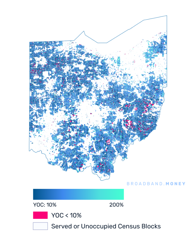 Ohio broadband investment map yield on cost with 75% Grant Coverage