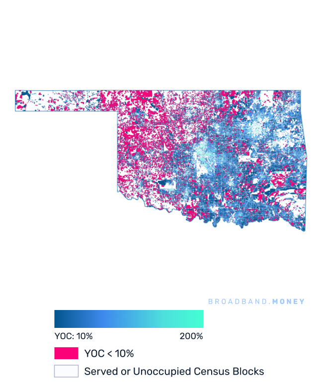 Oklahoma broadband investment map yield on cost with 75% Grant Coverage