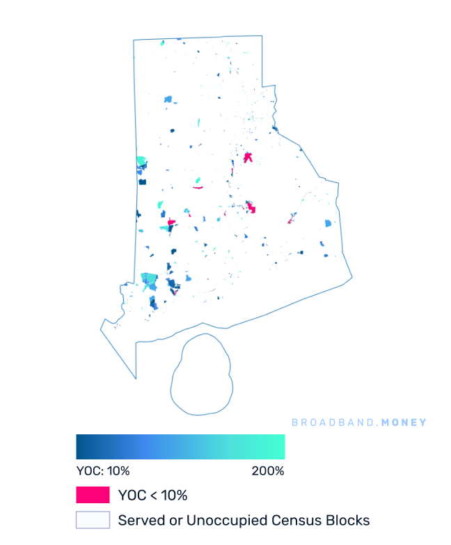 Rhode Island broadband investment map yield on cost with 75% Grant Coverage