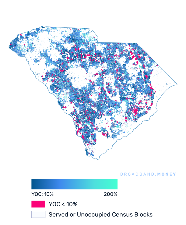 South Carolina broadband investment map yield on cost with 75% Grant Coverage