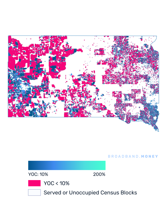 South Dakota broadband investment map yield on cost with 75% Grant Coverage