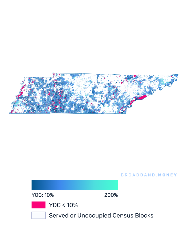 Tennessee broadband investment map yield on cost with 75% Grant Coverage