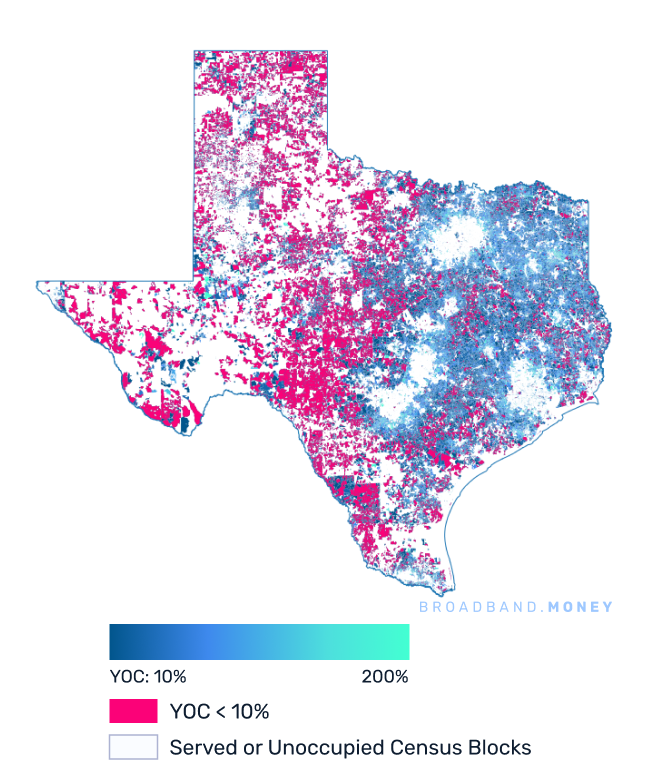 Texas broadband investment map yield on cost with 75% Grant Coverage