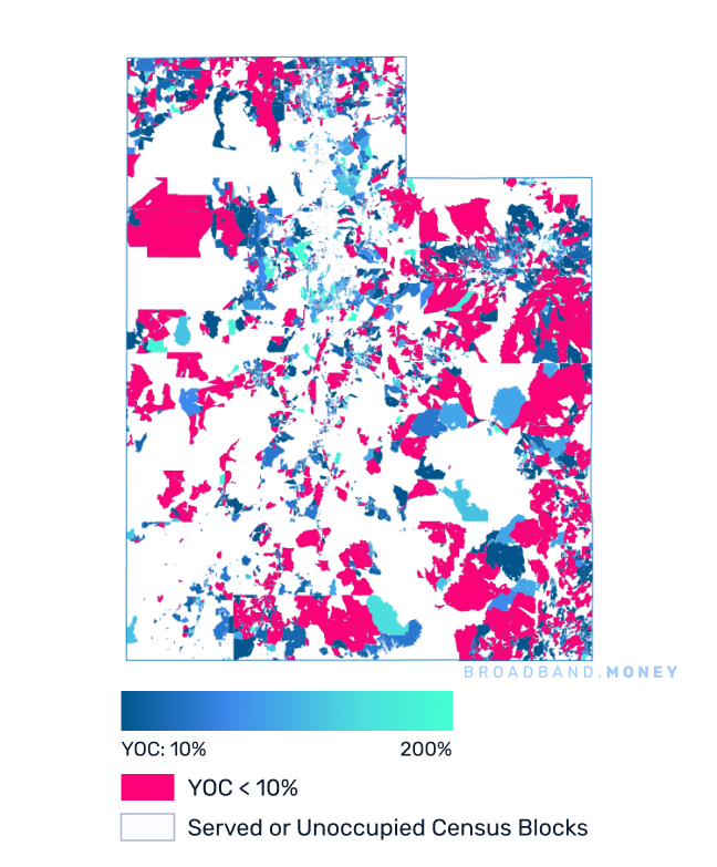 Utah broadband investment map yield on cost with 75% Grant Coverage