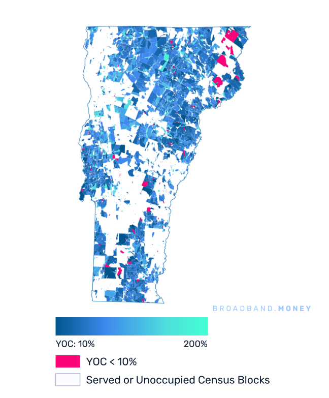 Vermont broadband investment map yield on cost with 75% Grant Coverage