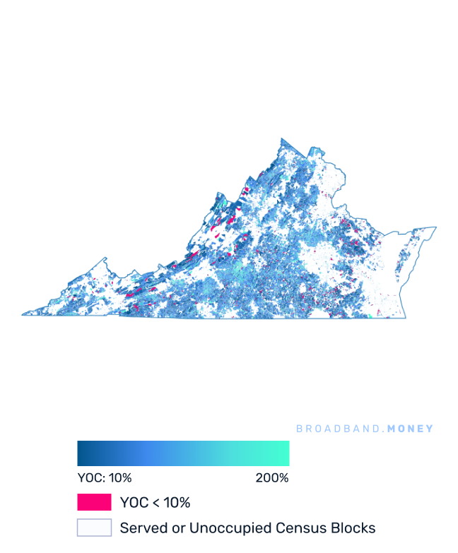 Virginia broadband investment map yield on cost with 75% Grant Coverage