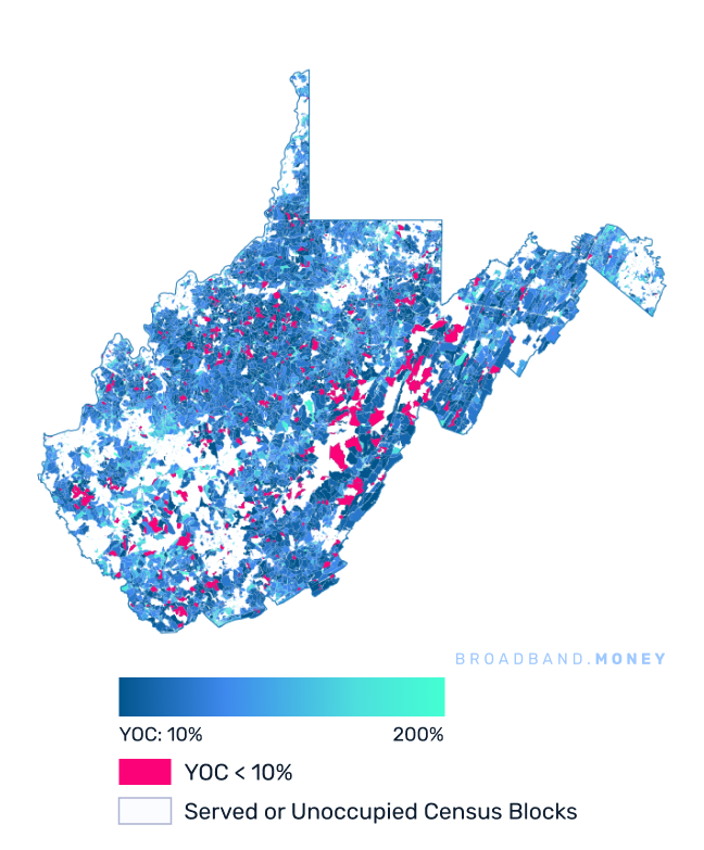 West Virginia broadband investment map yield on cost with 75% Grant Coverage