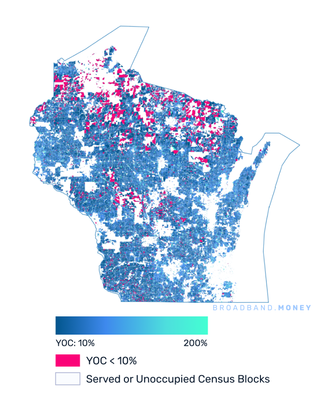 Wisconsin broadband investment map yield on cost with 75% Grant Coverage
